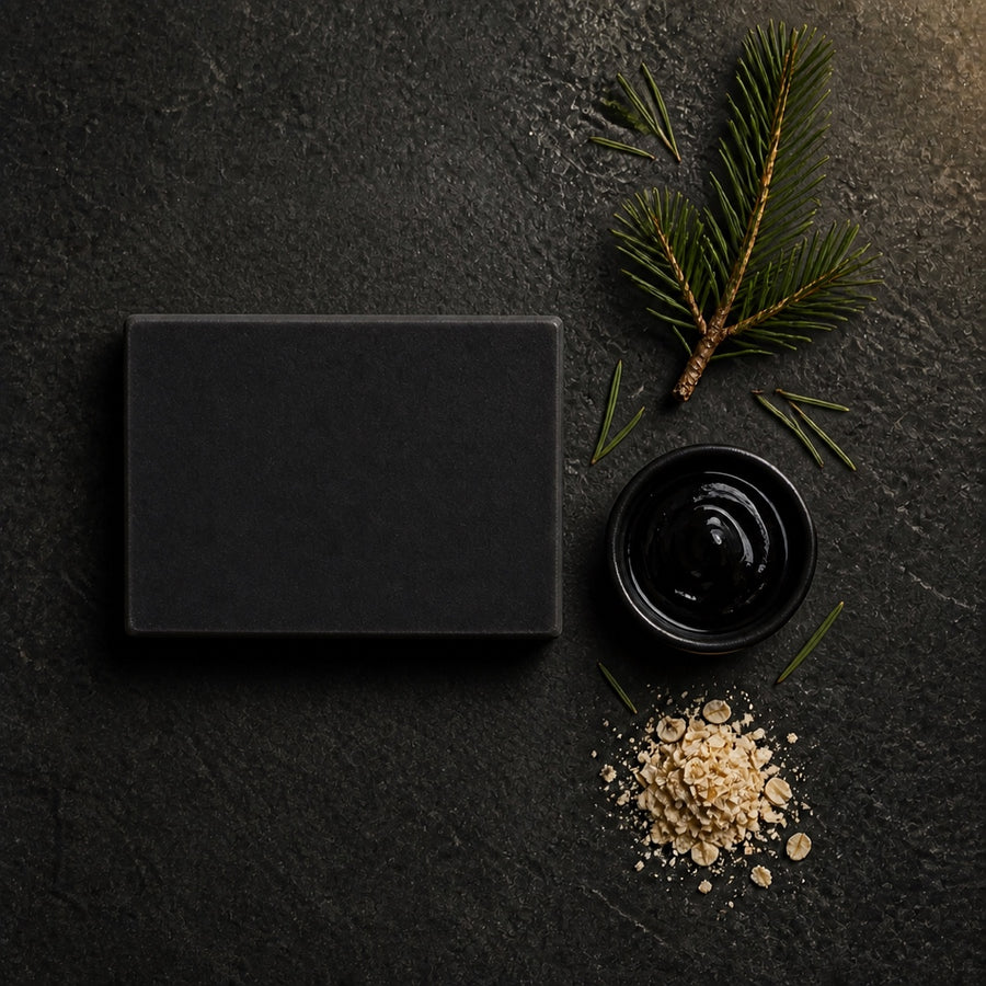 Black Timber Pine Tar cold-process soap, top view