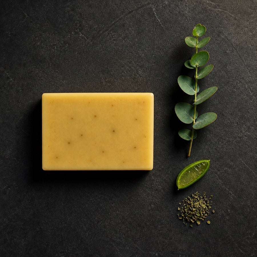 Frosted Summit Eucalyptus Aloe cold-process soap, top view