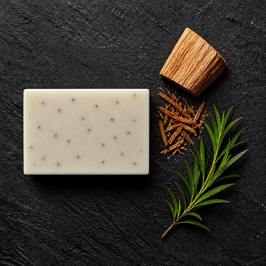 Iron Cedar Cedarwood Tea Tree cold-process soap, top view