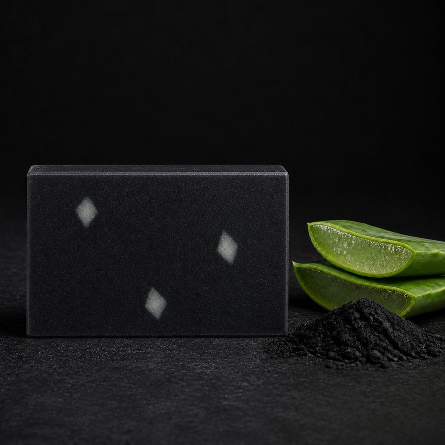 Midnight Carbon Charcoal Aloe cold-process soap, straight-on