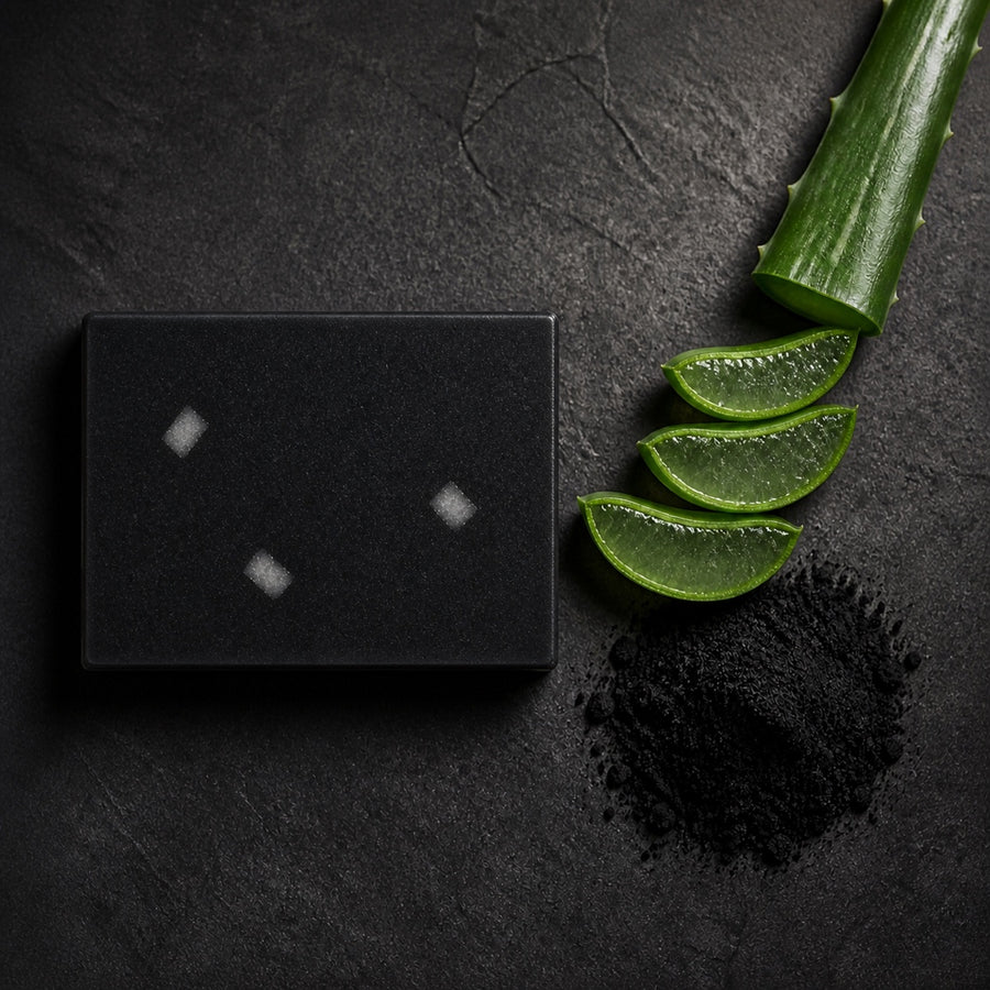 Midnight Carbon Charcoal Aloe cold-process soap, top view